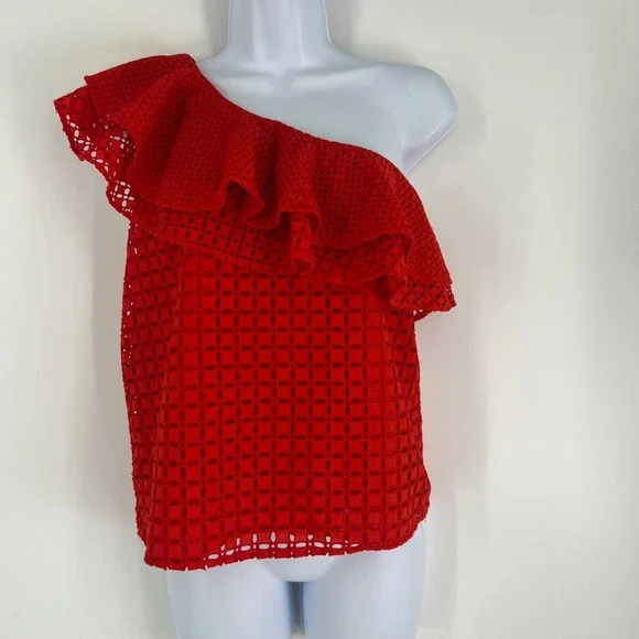 J.Crew Womens Red Eyelet One Shoulder Ruffle Top Size 00 Asymmetrical Summer - Picture 1 of 9